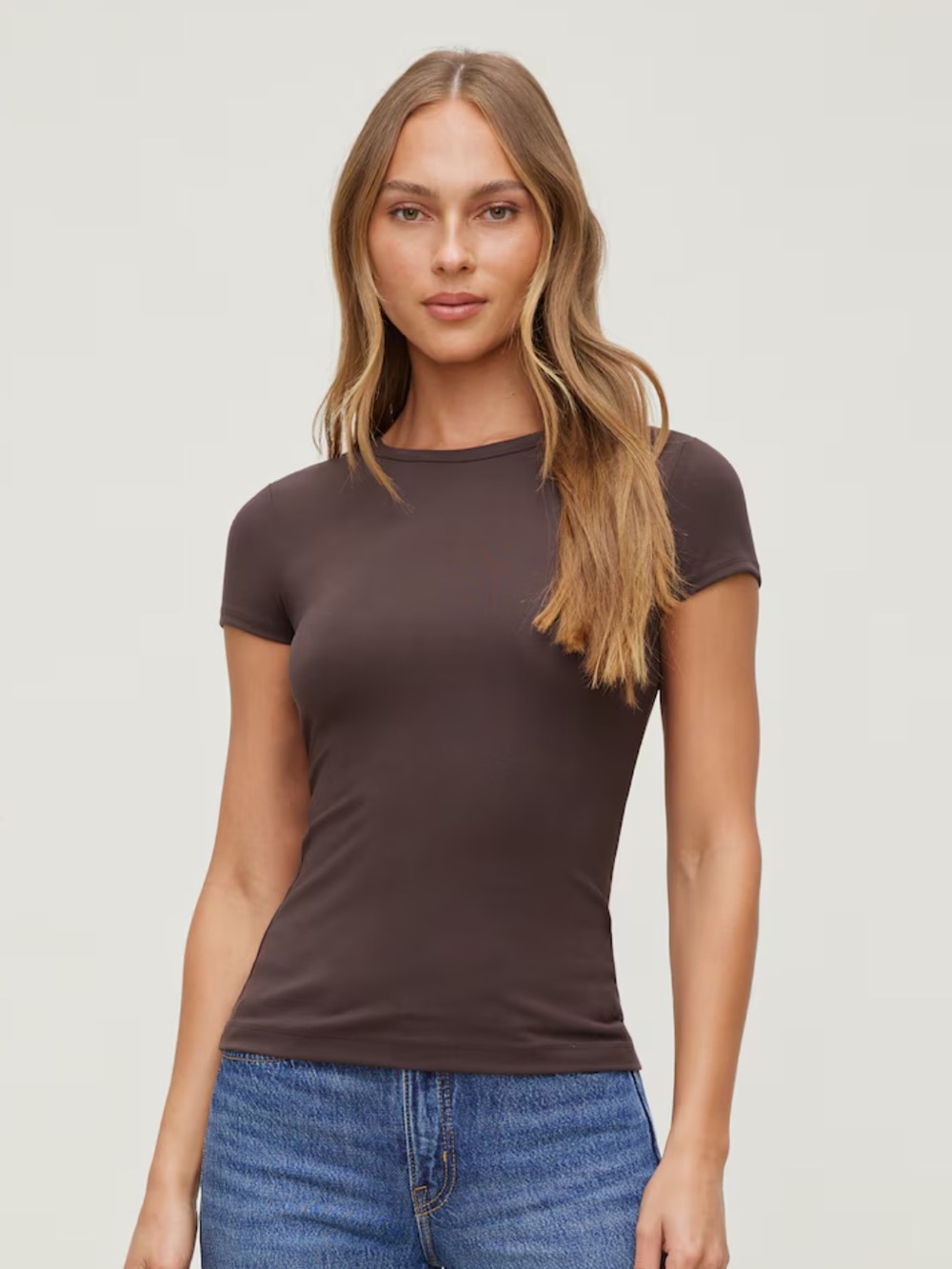 Dynamite Slim Crewneck Short Sleeve Top - Chocolate Brown